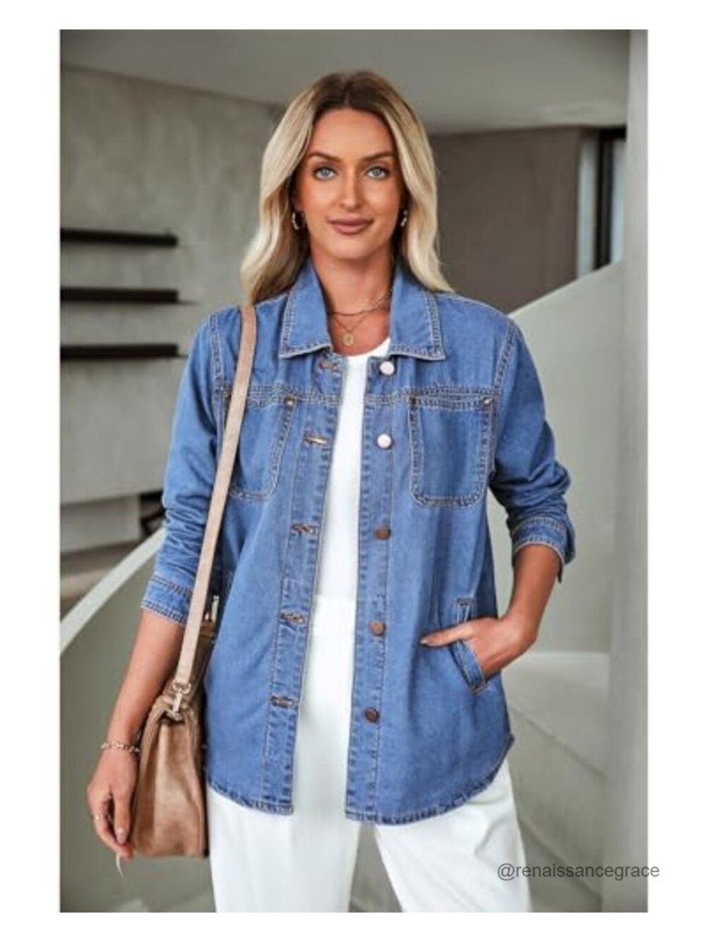 Denim Jacket Long Sleeve Button Down Shacket with Pockets - Picture 3 of 6